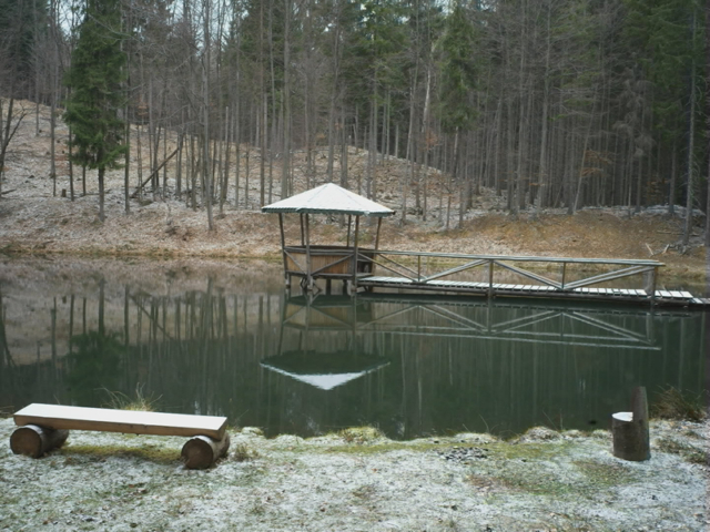 A small natural lake in the Etropole Balkan, a close view. A wooden gazebo conected to the shore by a small wooden bridge is clearly visible. Several tall pine trees in the background.